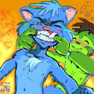 Rating: Safe Score: 0 Tags: 1:1 anthro blue_body blue_fur digital_media_(artwork) domestic_cat duo e621 felid feline felis fur greenmonkey greenmonkey_(character) guppy_(bluefurry) haplorhine heart_symbol low_res male mammal monkey oekaki primate teeth User: bunchy7s