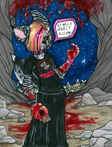 Rating: Questionable Score: 0 Tags: 2004 alternative_fashion anthro black_bottomwear black_clothing black_topwear blood bodily_fluids bone bottomwear clothing dialogue drama e621 english_text felid feline female glamfur gore goth grimmorph_(character) hate_art horror_(theme) killing lynx mammal shirt shirt_logo skeleton skirt skull solo star text topwear traditional_media_(artwork) wristband zeriara User: bunchy7s