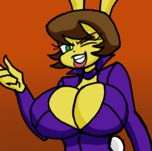 Rating: Questionable Score: 0 Tags: animated animated_gif anthro big_breasts bouncing_breasts breasts brown_hair caramel_(iamsum) cleavage clothed clothing e621 female green_eyes hair huge_breasts iamsum lagomorph leporid looking_at_viewer low_res mammal one_eye_closed rabbit short_playtime smile solo wink User: bunchy7s