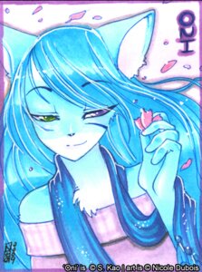 Rating: Safe Score: 0 Tags: 2009 anthro blue_body blue_hair bust_portrait chest_tuft clothed clothed_anthro clothed_female clothing dutch_angle e621 felid female female_anthro flower fur hair heterochromia long_hair luckypan mammal marker_(artwork) off_shoulder oni_(character) plant portrait purple_clothing purple_topwear scarf smile solo topwear traditional_media_(artwork) translucent translucent_hair tuft User: bunchy7s