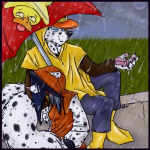 Rating: Safe Score: 0 Tags: 1:1 2009 aerynoustinne anatid anseriform avian bird clothing dalmookie detailed_background duck duo e621 female holding_object holding_umbrella hoodie hybrid male noit outside poncho raining rayndee sitting spots tail toony topwear umbrella wet User: bunchy7s