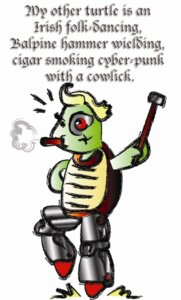 Rating: Safe Score: 0 Tags: anthro blonde_hair cigar dancing e621 english_text grandfathered_content green_body green_skin hair hammer humor male red_eyes reptile scalie smoking solo text tools turtle unknown_artist what User: bunchy7s