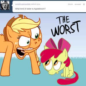 Rating: Safe Score: 0 Tags: 1:1 accessory apple_bloom_(mlp) applejack_(mlp) ask_blog ask_jappleack asking blonde_hair bow_(feature) bow_accessory bow_ribbon brown_eyes clothing cowboy_hat dialogue duo e621 earth_pony english_text equid equine eyelashes featureless_feet featureless_hands feet female feral freckles friendship_is_magic green_eyes hair hair_accessory hair_bow hair_ribbon hasbro hat headgear headwear horse hotdiggedydemon humor long_hair mammal my_little_pony open_mouth pony ponytail red_hair ribbons sibling_(lore) sister_(lore) sisters_(lore) tail teeth text toony tumblr user_message username young young_feral User: bunchy7s