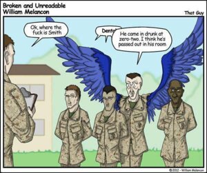 Rating: Safe Score: 0 Tags: blue_falcon clipboard comic dialogue e621 english_text feathered_wings feathers holding_clipboard holding_object human humor lying male mammal marines military name_drop name_in_dialogue not_furry shared_dialogue shared_speech_bubble speech_bubble text the_truth unknown_artist wings User: bunchy7s
