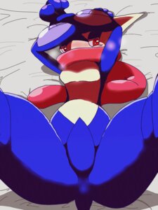 Rating: Questionable Score: 0 Tags: 2014 3:4 ambiguous_gender amphibian anthro bed beniaka biped breath butt close-up e621 furniture generation_6_pokemon greninja looking_at_viewer lying membrane_(anatomy) ninja nintendo nude on_back pokemon pokemon_(species) solo spread_legs spreading tongue tongue_out warrior webbed_hands User: bunchy7s