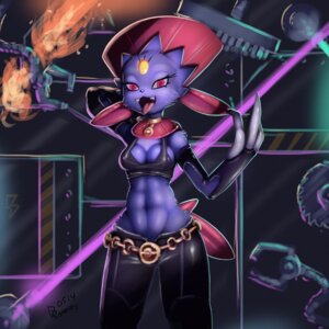 Rating: Questionable Score: 0 Tags: 1:1 2014 anthro belt breasts caution_stripes claws cleavage clothed clothing collar detailed_background drxsmokey e621 electricity female fire fully_clothed generation_4_pokemon hair hand_behind_head hazard_symbol high_voltage_symbol laser lightning_bolt looking_at_viewer machine midriff navel nintendo nipple_outline open_mouth pokeball pokeball_belt pokemon pokemon_(species) red_eyes red_hair saw signature solo symbol themed_object tongue tongue_out tools weavile wide_hips User: bunchy7s
