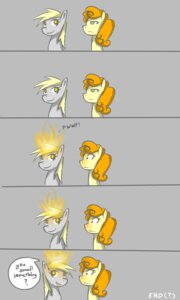 Rating: Safe Score: 0 Tags: 2011 3:5 absurd_res carrot_top_(mlp) comic derpy_hooves_(mlp) dialogue duo e621 english_text equid equine female feral fire friendship_is_magic grey_background hasbro hi_res horse mammal my_little_pony open_mouth open_smile pony simple_background smile speech_bubble stupidyou3 text yellow_eyes User: bunchy7s