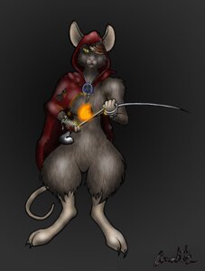 Rating: Safe Score: 0 Tags: ambiguous_gender anaktis anthro biped cape clothing concept_art e621 grey_background mammal rodent signature simple_background solo standing tail wounded User: bunchy7s