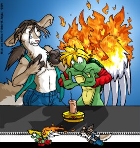 Rating: Safe Score: 0 Tags: 2004 amber_williams anthro arm_warmers armwear bucket candle clothed clothing container copyright_symbol deer digital_media_(artwork) duo e621 eyewear feathered_wings feathers fire glasses leg_warmers legwear low_res magic male mammal panicking reptile running scalie symbol tail turtle water wings User: bunchy7s