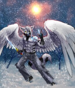 Rating: Safe Score: 0 Tags: anthro black_body black_fur black_nose canid canine canis crystal e621 feathered_wings feathers foxxieangel fur male mammal melee_weapon outside plant snow snowing solo striped_body striped_fur stripes sun sword tail tempest_omega tree weapon white_body white_feathers white_fur wings wolf yaodao_sword yellow_eyes User: bunchy7s