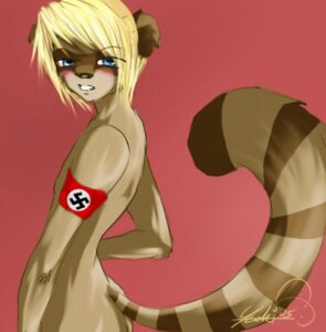 Rating: Questionable Score: 0 Tags: anthro armband blonde_hair blue_eyes blush e621 femboy hair looking_at_viewer male mammal nazi nude nyisi nyisi_seryn politics procyonid raccoon raccoon_brownbear solo swastika tail yeoki User: bunchy7s