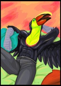 Rating: Safe Score: 0 Tags: 2006 5_fingers abs anthro avian beak biped bird black_body black_border black_feathers border bottomwear chestnut-mandibled_toucan clothed clothing e621 feathered_wings feathers fingers front_view gasmask_(artist) grey_body grey_scales hand_behind_head lino_(gasmark) lying male on_back open_mouth pants piciform pillow scales smile solo spread_wings topless toucan true_toucan wings yellow-throated_toucan User: bunchy7s