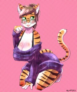 Rating: Questionable Score: 0 Tags: 2014 5:6 anthro big_breasts biped blush breasts brown_hair cleavage clothed clothing curvy_figure e621 eyewear felid female glasses green_eyes hair hanging_breasts hi_res huge_breasts kneeling lips mammal nipple_outline pantherine plankboy pupils slit_pupils small_waist solo stripes sweater thick_bottom_lip thick_lips tiger topwear wide_hips User: bunchy7s
