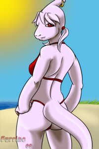 Rating: Questionable Score: 0 Tags: anthro beach bikini breasts butt clothed clothing detailed_background dinosaur e621 fangs female furrine grass hair non-mammal_breasts outside plant prehistoric_species red_eyes reptile sand scalie sea seaside skimpy sky solo sun swimwear tail teeth tight_clothing two-piece_swimsuit water white_body white_hair User: bunchy7s