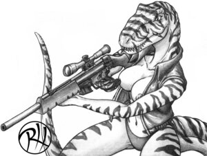 Rating: Questionable Score: 0 Tags: 2012 absurd_res amora_the_t-rex anthro big_breasts big_tail breasts clothed clothing dinosaur e621 exposed_breasts female graphite_(artwork) gun hi_res holding_gun holding_object holding_ranged_weapon holding_rifle holding_weapon long_tail monochrome nipples non-mammal_breasts non-mammal_nipples open_clothing open_topwear open_vest panties predaguy prehistoric_species psg-1 ranged_weapon reptile rifle saurischian scalie simple_background sniper sniper_rifle solo stripes tail tapering_tail teeth theropod thick_tail topwear traditional_media_(artwork) tyrannosaurid tyrannosauroid tyrannosaurus tyrannosaurus_rex underwear vest weapon User: bunchy7s