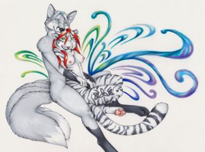 Rating: Questionable Score: 0 Tags: anthro blue_hair breasts canid canine canis clothed clothing cuddling domestic_cat duo e621 felid feline felis female fox hair korrok male male/female mammal multi_tail nipples pantherine red_hair simple_background tail tiger topless white_background wolf User: bunchy7s