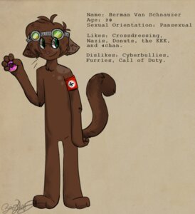 Rating: Questionable Score: 0 Tags: 3_toes 5_fingers anthro armband bangs barefoot big_head biped brown_body brown_fur brown_hair dessert doughnut e621 english_text eye_through_hair eyewear eyewear_on_head featureless_crotch feet felid feline fingers food fur goggles goggles_on_head green_eyes hair holding_food holding_object looking_aside male mammal model_sheet nazi nude pastry pink_nose raised_tail short_hair smile solo standing swastika tail text toes toony translucent translucent_hair unknown_artist User: bunchy7s