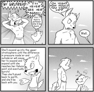Rating: Questionable Score: 0 Tags: anthro beach beach_rivalry canid canine canis clothed clothing cloud comic dialogue duo e621 english_text greyofpta greyscale male mammal monochrome outside science seaside sky tail text topless wolf young young_anthro User: bunchy7s