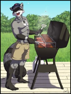 Rating: Questionable Score: 0 Tags: 2012 5_fingers 5_toes abs anthro azban barbecue barefoot baseball_cap biceps biped black_body black_fur blue_eyes bottomwear bulge claws clothed clothing cooking cooking_tongs day dog_tags e621 featureless_chest feet fingers food fur gas_bottle gloves_(marking) grass grey_body grey_fur grill hat headgear headwear holding_object holding_tool kitchen_spatula kitchen_utensils leg_markings looking_back male mammal markings meat muscular muscular_anthro muscular_male open_mouth open_smile outside pecs plant procyonid raccoon sabretoothed_ermine shorts shrub side_view sky smile smoke socks_(marking) solo spatula stripes summer tail toes tongs tongue tools topless whiskers User: bunchy7s