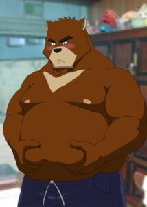 Rating: Safe Score: 0 Tags: 2009 5_fingers anthro bear belly_squeeze black_bear blue_bottomwear blue_clothing blue_pants blurred_background blush bottomwear brown_body brown_fur chest_markings clothed clothing colored countershade_snout countershading e621 fingers fur head_tuft holding_belly juuichi_mikazuki male mammal manya markings moobs moon_bear morenatsu muscular muscular_anthro muscular_male nipples overweight overweight_anthro overweight_male pants pink_nipples snout solo tan_body tan_fur topless topless_anthro topless_male tuft ursine weight_conscious User: bunchy7s