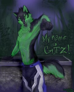 Rating: Safe Score: 0 Tags: 2008 anthro canid canine canis clothed clothing detailed_background e621 english_text forest gesture green_eyes gutz hand_gesture koul male mammal night outside plant pointing pointing_at_viewer solo tail text topless tree wolf wood User: bunchy7s