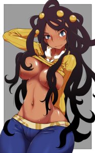 Rating: Questionable Score: 0 Tags: blue_eyes breasts brown_hair dahlia_(pokemon) dark_skin female frontier_brain highres hips human human_only hun jeans large_breasts midriff navel navel_piercing nintendo pokemon rule34 shirt_lift sweat wide_hips User: bunchy7s