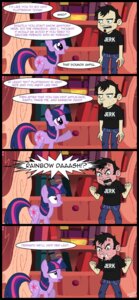 Rating: Safe Score: 0 Tags: black_hair comic cross-popping_vein cutie_mark dan_(dan_vs.) dan_vs. dan_vs_fim e621 english_text equid equine female feral friendship_is_magic fur green_eyes hair hasbro hi_res horn horse human male mammal multicolored_hair my_little_pony pony purple_body purple_eyes purple_fur purple_hair quadruped tail text twilight_sparkle_(mlp) two_tone_hair User: bunchy7s