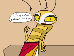 Rating: Safe Score: 0 Tags: 4:3 4_arms antennae_(anatomy) arthropod bee bugfolk_(the_weaver) chest_day clothed clothing dialogue dive_quest e621 english_text female hymenopteran insect k'miele looking_at_viewer multi_arm multi_limb naive open_mouth solo speech_bubble text the_weaver topless yellow_body yellow_eyes User: bunchy7s