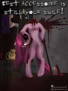 Rating: Questionable Score: 0 Tags: 2013 absurd_res alukamalika anthro axe bag blood bodily_fluids decapitation detachable detachable_head e621 earth_pony english_text equid equine female friendship_is_magic gore hasbro hi_res holding_head holding_own_head horse mammal melee_weapon my_little_pony nightmare_fuel pinkamena_(mlp) pinkie_pie_(mlp) pony red_eyes severed_body_part severed_head smile solo tail text url weapon User: bunchy7s