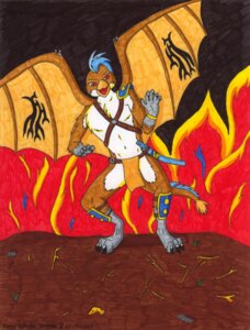 Rating: Questionable Score: 0 Tags: 2008 anthro armor avian beak e621 fight fire gryphon hi_res konu_eikuku_hentaru male melee_weapon membrane_(anatomy) membranous_wings mythological_avian mythological_creature mythology night solo sword tail tattoo warrior weapon wings User: bunchy7s