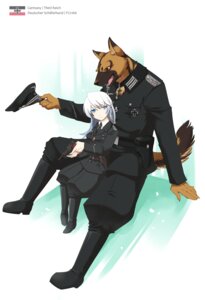 Rating: Safe Score: 0 Tags: anthro blue_eyes boots canid canine canis clothed clothing cross domestic_dog duo e621 female female_on_anthro flag footwear german german_shepherd german_text gun handgun hat headgear headwear herding_dog human human_on_anthro imperial_german_naval_jack interspecies iron_cross kubikitsune male male/female male_on_human mammal nazi pastoral_dog pistol ranged_weapon romantic romantic_couple schutzstaffel shoes simple_background sitting tail text totenkopf translated uniform weapon User: bunchy7s