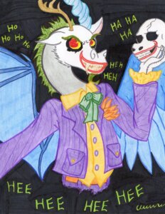 Rating: Safe Score: 0 Tags: batman batman_(series) blue_body blue_feathers bone chimera clothing crossover dc_comics discord_(mlp) draconequus e621 english_text facial_hair feathered_wings feathers friendship_is_magic hair hasbro horn looking_at_viewer male membrane_(anatomy) membranous_wings mismatched_wings my_little_pony skull smile solo text the1king the_joker traditional_media_(artwork) wings User: bunchy7s