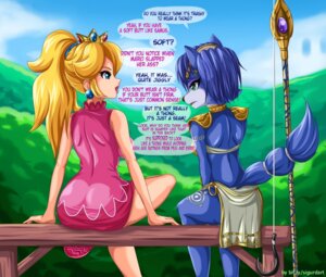 Rating: Safe Score: 0 Tags: anthro big_butt blonde_hair blue_body blue_eyes blue_fur blue_hair butt canid canine clothed clothing comic crossed_legs crossover crown dialogue duo e621 ear_piercing english_text eye_contact female fish_hook fox fur green_eyes hair headdress headgear hi_res hook human krystal_(star_fox) looking_at_another mammal mario_bros nintendo piercing princess princess_peach royalty sigurd_von_hosenfeld sitting star_fox tail teaching text white_body white_fur wood User: bunchy7s