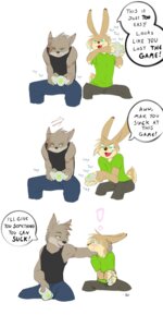 Rating: Questionable Score: 0 Tags: 1:2 canid canine comic dialogue e621 english_text gaming green_eyes hi_res lagomorph leporid male mammal rabbit text unknown_artist User: bunchy7s Rating: Questionable Score: 0 Tags: 1:2 canid canine comic dialogue e621 english_text gaming green_eyes hi_res lagomorph leporid male mammal rabbit text unknown_artist User: bunchy7s