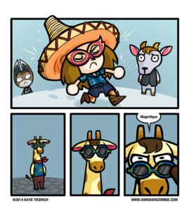 Rating: Safe Score: 0 Tags: animal_crossing anthro awkwardzombie bovid caprine clothing comic domestic_cat e621 english_text eyewear featureless_hands felid feline felis female goat gracie_(animal_crossing) grandfathered_content hat headgear headwear horn human katie_tiedrich katie_tiedrich_(persona) kidd_(animal_crossing) kitty_(animal_crossing) mammal mask nintendo ossicone sombrero sunglasses text villager_(animal_crossing) User: bunchy7s