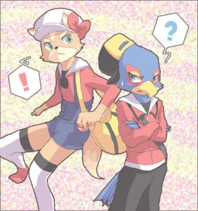 Rating: Safe Score: 0 Tags: anthro avian bag beak bird blue_body blue_feathers canid canine cham1911 clothed clothing cosplay crossdressing crossover duo e621 ethan_(pokemon) falco_lombardi feathers femboy fox fox_mccloud hat headgear headwear holding_object holding_pokeball lyra_(pokemon) male mammal nintendo pokeball pokemon standard_pokeball star_fox tail User: bunchy7s