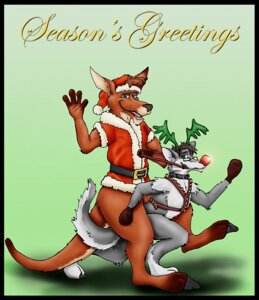 Rating: Questionable Score: 0 Tags: anthro bottomless canid canine christmas clothed clothing duo e621 english_text harness holidays kangaroo macropod male mammal marsupial oz_kangaroo ozkangaroo riding size_difference straddling tail text tzup User: bunchy7s