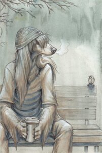 Rating: Safe Score: 0 Tags: 5_fingers anthro autumn avian beanie bench beverage biped bird black_pawpads bottomwear breath canid canine canis claws clothed clothing coffee container cup domestic_dog e621 eye_contact female fingers food front_view fully_clothed fur grey_body grey_fur grey_hair grey_nose grey_theme hair hat headgear headwear hibbary holding_container holding_cup holding_object khenti long_hair looking_at_another mammal on_bench outside pants park pawpads plant portrait restricted_palette shirt sitting snout solo three-quarter_portrait topwear tree User: bunchy7s