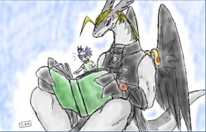 Rating: Safe Score: 0 Tags: anthro book clothed clothing coochan dragon e621 feathered_wings feathers group holding_book holding_object human legendz male mammal mythological_creature mythological_scalie mythology ranshiin scalie simple_background size_difference tail wings User: bunchy7s