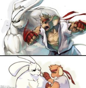 Rating: Safe Score: 0 Tags: abs angry belt biceps blush bottomwear brown_body brown_fur capcom clothed clothing digital_media_(artwork) digital_painting_(artwork) duo e621 eye_patch eyewear fight fist fur gloves grin handwear haplorhine kerchief lagomorph leporid male mammal monkey muscular open_clothing open_mouth open_shirt open_topwear painting_(artwork) pants pecs primate punch rabbit raised_arm raised_fist raised_hand ryu_(street_fighter) sagat scar shirt smile street_fighter teeth tongue topless topwear uleezoo white_body white_fur User: bunchy7s