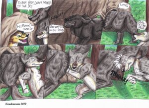 Rating: Safe Score: 0 Tags: 2009 ambiguous_gender black_body black_fur canid canine canis clenched_teeth e621 feral fur group kristynlioness mammal stuck tail teeth toony wolf User: bunchy7s