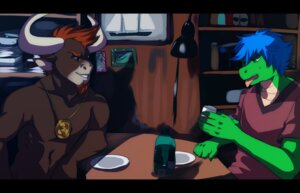 Rating: Safe Score: 0 Tags: anthro beard beverage beverage_can biceps black_bars blue_eyes blue_hair bottle bovid bovid_horn bovine bovine_horn brown_body brown_eyes brown_fur brown_hair bull_horn can cattle clothed clothing container cup drinking duo e621 facial_hair fur furniture glass green_body green_skin grin hair horn jewelry lamp letterbox lizard male mammal muscular necklace ookami-kun open_mouth pecs plate red_hair reptile scalie shirt smile soda table tauros_(character) teeth tongue topless topwear User: bunchy7s