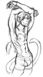 Rating: Questionable Score: 0 Tags: 2010 5_fingers abs anthro boxer_briefs bulge clothed clothing e621 fingers hair hands_behind_head haplorhine lolverine long_hair looking_at_viewer male mammal monkey monochrome muscular muscular_male nipples ponytail primate raised_arms signature simple_background smile solo tail topless underwear white_background User: bunchy7s
