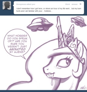 Rating: Questionable Score: 0 Tags: bodily_fluids crown dialogue e621 english_text equid equine fan_character female feral friendship_is_magic hair hasbro headgear horn horse john_joseco long_hair mammal monochrome my_little_pony pony princess princess_celestia_(mlp) princess_molestia royalty saliva solo text tiara tumblr ufo User: bunchy7s