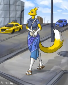 Rating: Safe Score: 0 Tags: 4:5 anthro bag bandai_namco black_sclera blue_eyes canid canine car city clothing commercial_vehicle digimon digimon_(species) digital_media_(artwork) e621 female footwear fur hi_res kostos_art mammal outside public public_transportation renamon sandals shoes solo taxicab vehicle vehicle_for_hire walking white_body white_fur yellow_body yellow_fur User: bunchy7s
