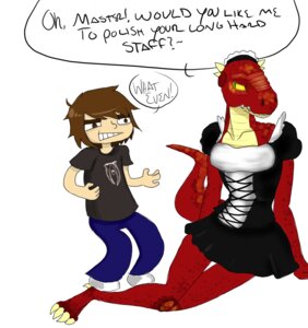 Rating: Safe Score: 0 Tags: anthro argonian bethesda_game_studios breasts brown_eyes brown_hair claws clothing duo e621 english_text female green_eyes hair human kuuyon lifts-her-tail maid_uniform male mammal microsoft oblivion red_body red_scales scales scalie tail teeth text the_elder_scrolls the_lusty_argonian_maid uniform yellow_sclera User: bunchy7s