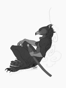 Rating: Safe Score: 0 Tags: 2013 3:4 anthro avian beak bird chutkat claws e621 eyes_closed feet male melee_weapon monochrome reclining smile solo sword talons toes weapon User: bunchy7s