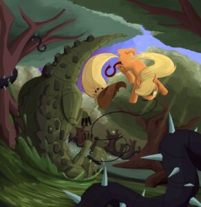 Rating: Safe Score: 0 Tags: applejack_(mlp) bakuel blonde_hair clothing cowboy_hat cragadile_(mlp) crocodile crocodilian cutie_mark detailed_background duo e621 earth_pony equid equine female feral forest friendship_is_magic fur green_eyes hair hasbro hat headgear headwear hi_res horse mammal my_little_pony nature orange_body orange_fur outside plant pony reptile rope scalie sky swamp thorns tree vines water User: bunchy7s