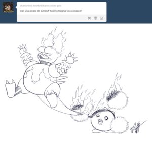 Rating: Safe Score: 0 Tags: ambiguous_gender burning duo e621 english_text fire generation_1_pokemon generation_2_pokemon jumpluff magmar monochrome nintendo pokemon pokemon_(species) text timoteihiv User: bunchy7s