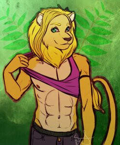 Rating: Safe Score: 0 Tags: 5_fingers abs anthro blonde_hair brown_nose clothed clothing digital_media_(artwork) e621 felid fingers front_view fur green_background green_eyes hair half-length_portrait lion looking_at_viewer male mammal midriff navel nipples orange_body orange_fur outline pantherine partially_clothed portrait raised_clothing raised_shirt raised_topwear scarlet-frost shirt simple_background smile solo tail tail_tuft tank_top topwear tuft User: bunchy7s